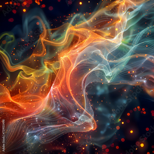 Abstract background of flowing energy particles with dynamic light effects and vibrant colors.