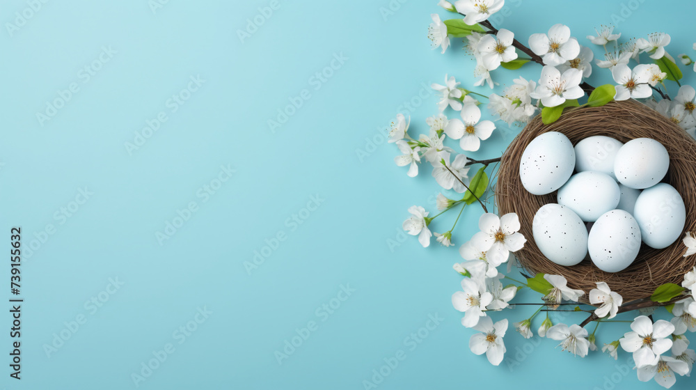 Easter background with eggs in a nest and spring flowers, with copy space Easter background with eggs in a nest and spring flowers, with copy space
