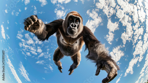 Gorilla jumping down against a blue sky. Animal in the air in motion