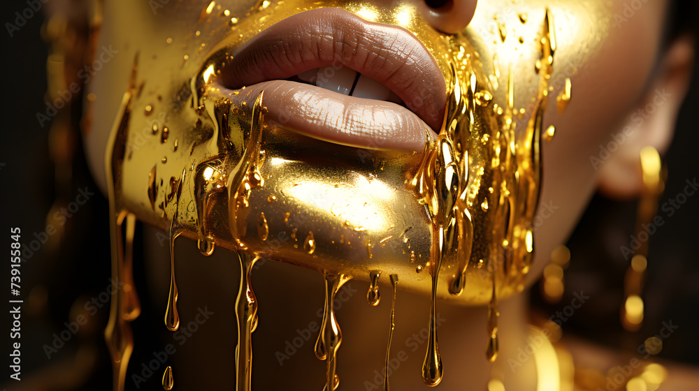 Close-Up of Woman with Intricate Gold Paint Adorning Face, Lips, and Nails, Showcasing Artistry and Beauty of Metallic Makeup.