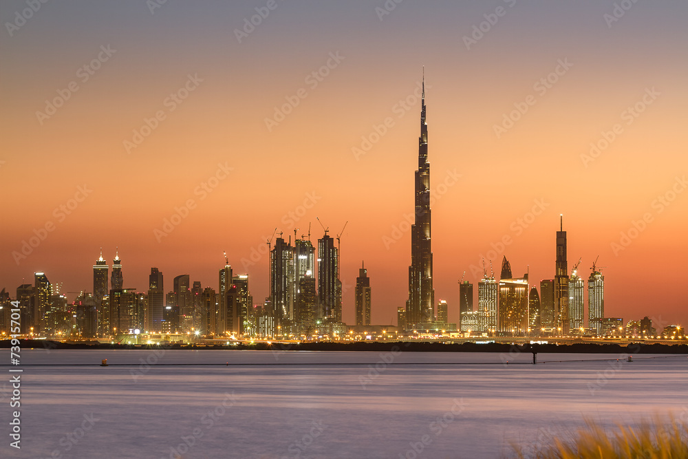 View of Dubai skyline, shot made from Dubai creek harbor. Dubai, UAE