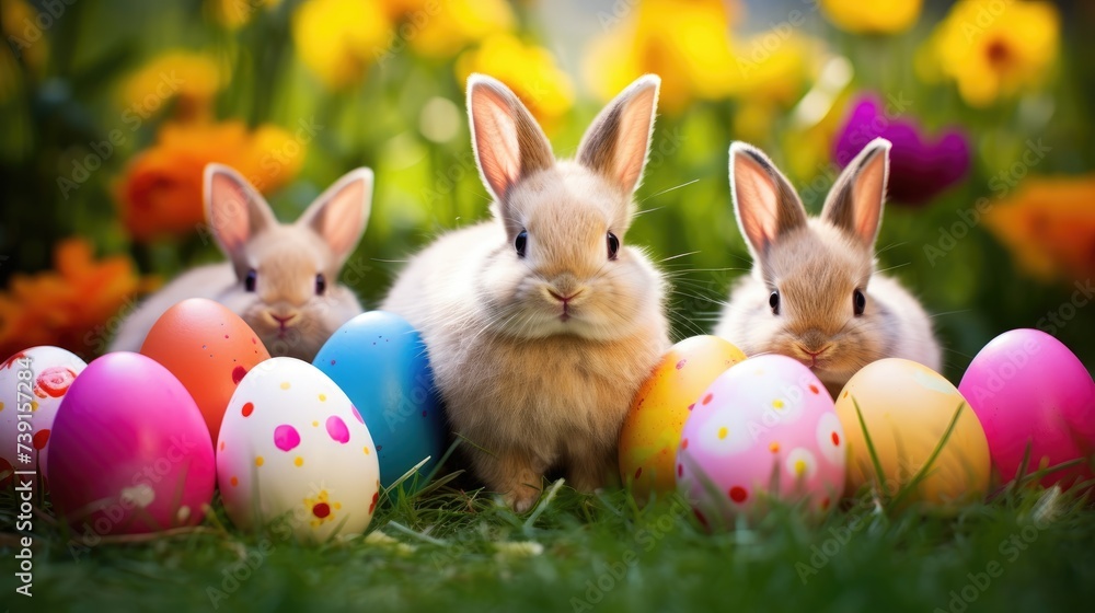 A cute Easter bunny in a meadow among blooming flowers and with colored eggs, a spring day during the Easter holidays. A cute Easter bunny in a meadow among blooming flowers and with colored eggs, a spring day during the Easter holidays.