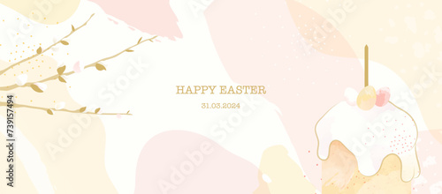 Happy Easter Banner. Spring Easter Card Template Design with Tasty Easter Cake Bread Pasta and Floral Springtime Background. Flowers and Kulich Silhouette Decorations.