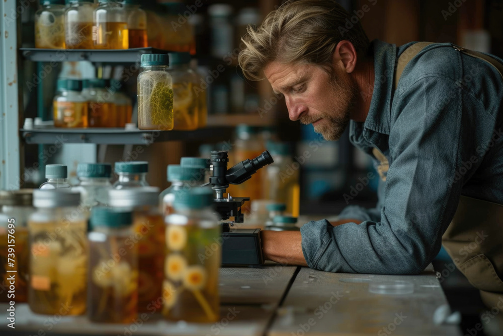 In the quiet concentration of his lab, a biologist scrutinizes the microcosm under his lens, shelves lined with samples bearing witness to the endless search for knowledge.