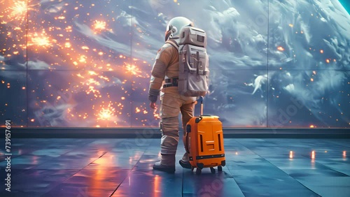 Astronaut with yellow travel suitcase looking at blank advertising billboard at airport, display blank screen or signboard mockup for offers or advertisement, copy space,generative ai photo