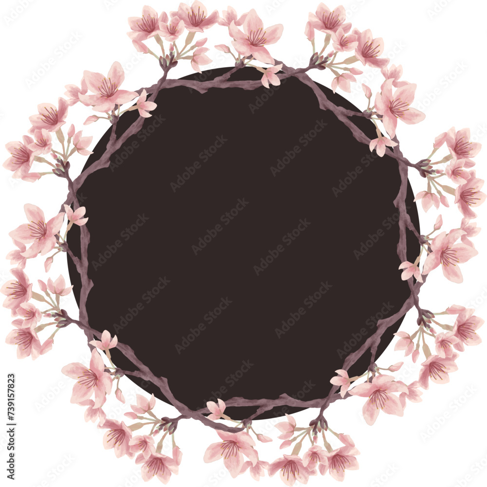 Obraz premium 黒色の桜の丸型ベクターフレーム（水彩風）