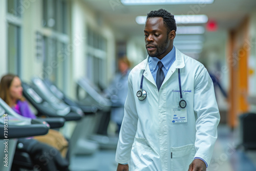 A focused African-American cardiologist walks through a medical facility, his white coat and stethoscope signaling a readiness to respond to patient needs.