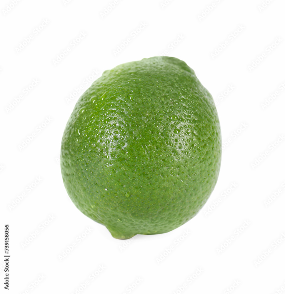 One whole fresh lime with water drops isolated on white One whole fresh lime with water drops isolated on white