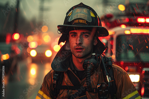 A young male firefighter with intense eyes and a soot-dusted face stands resolute against a backdrop of raging flames and emergency vehicles. © P
