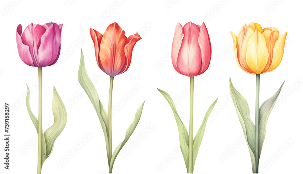 Different Color Tulip Set Watercolor Style Isolated on Transparent Background
