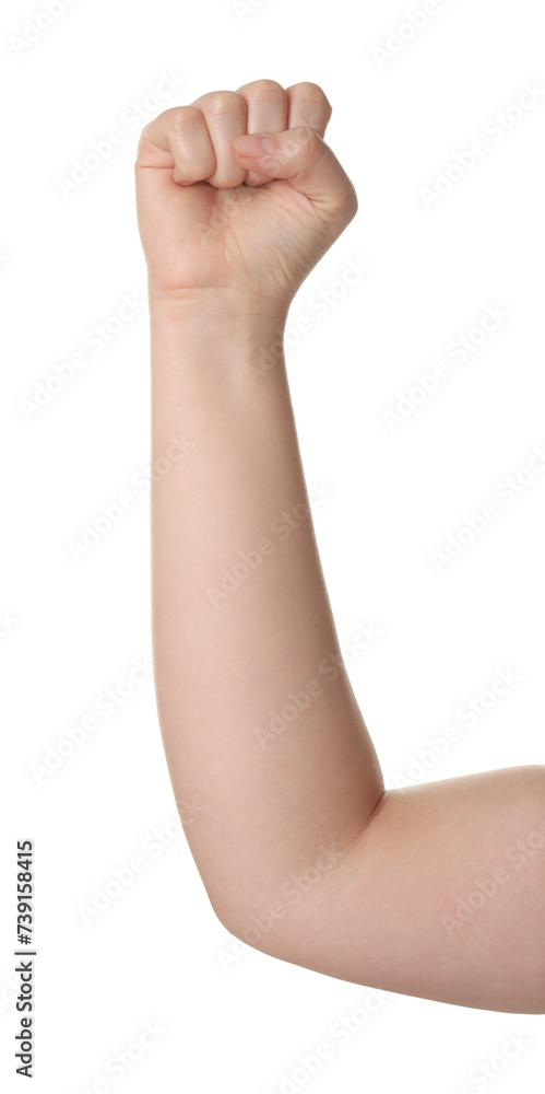 Playing rock, paper and scissors. Woman showing fist on white background, closeup Playing rock, paper and scissors. Woman showing fist on white background, closeup