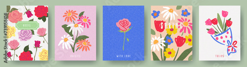 Spring set of the cutest cards or posters for the spring holiday with wildflowers, daisies, roses, tulips bouquet. Hand drawn Floral art templates for Womens Day March 8, birthday and Mothers Day