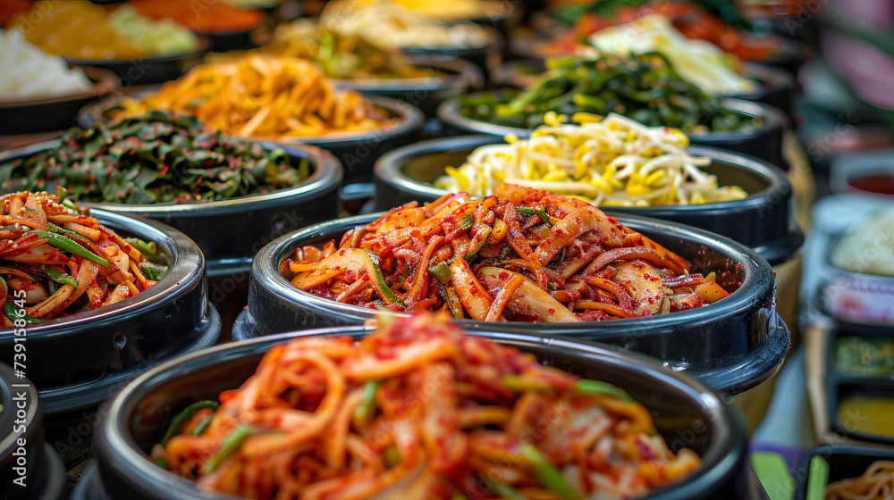 Fototapeta premium Traditional Korean side dishes, including various kimchi and vegetables, displayed in metal bowls.
