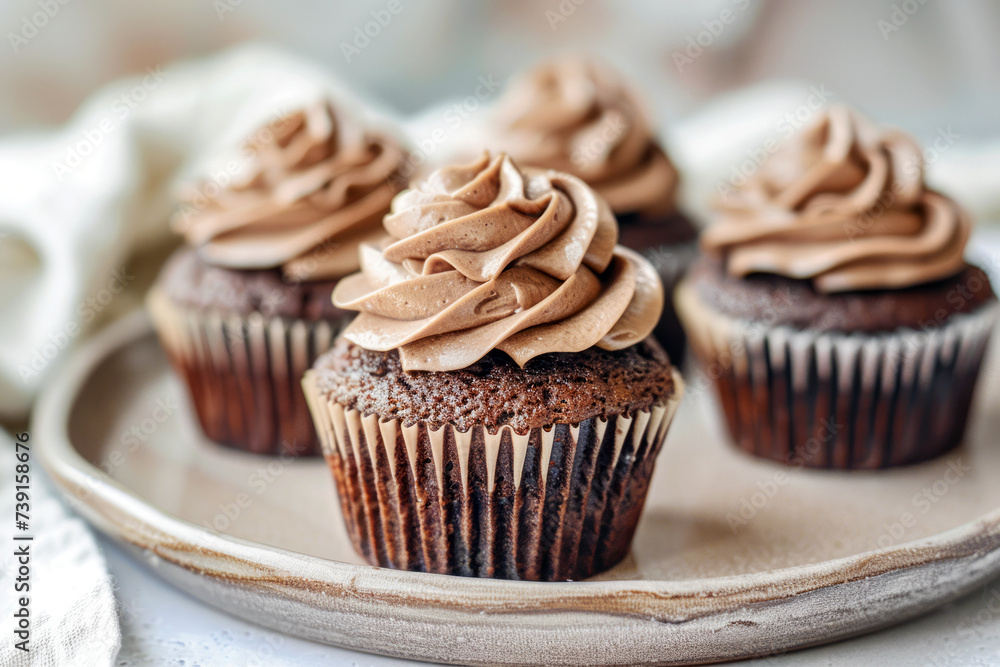 Rich chocolate cupcakes topped with a luxurious swirl of chocolate frosting, displayed on a ceramic plate.