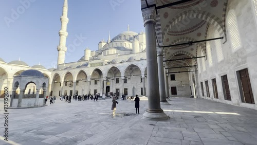 blue mosque exterior main dome and minarets from courtyard view  photo