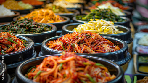 Traditional Korean side dishes, including various kimchi and vegetables, displayed in metal bowls. © thanakrit