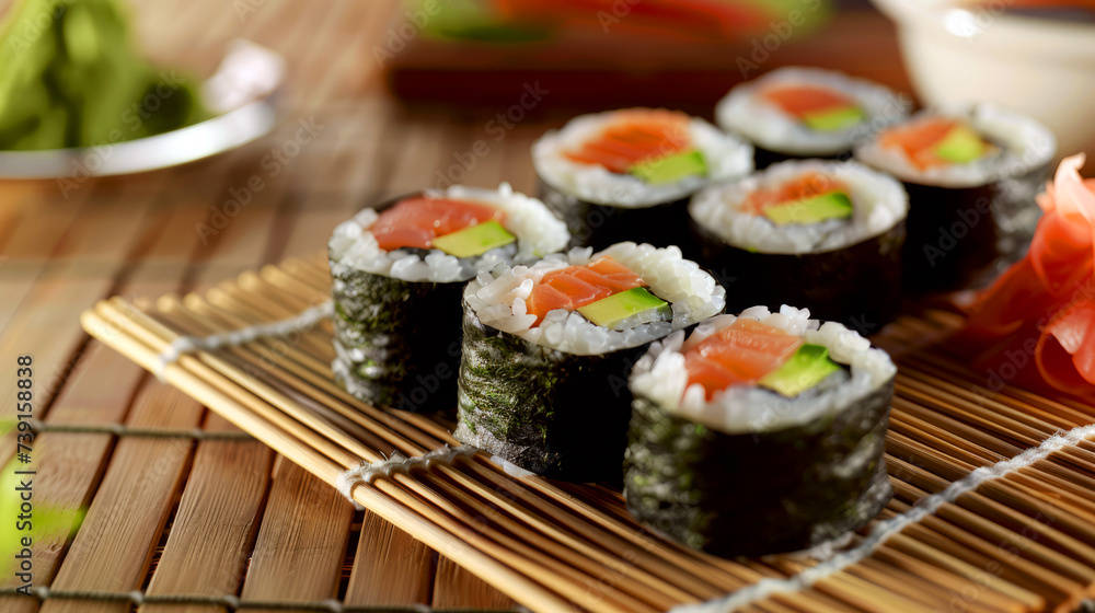 Freshly prepared sushi rolls with salmon filling on a bamboo mat, ready for a traditional Japanese meal. Freshly prepared sushi rolls with salmon filling on a bamboo mat, ready for a traditional Japanese meal.