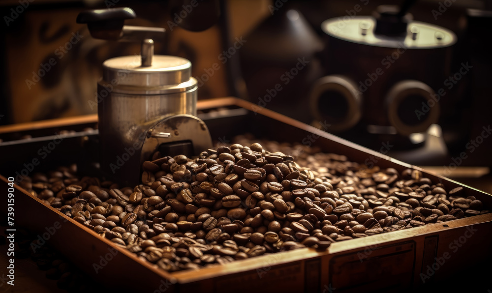 Roasted coffee beans are in the wooden box Roasted coffee beans are in the wooden box