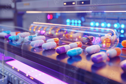 An array of customizable medicine pills in a bright, clinical setting, exuding a sense of user-friendliness and cutting-edge technology. photo