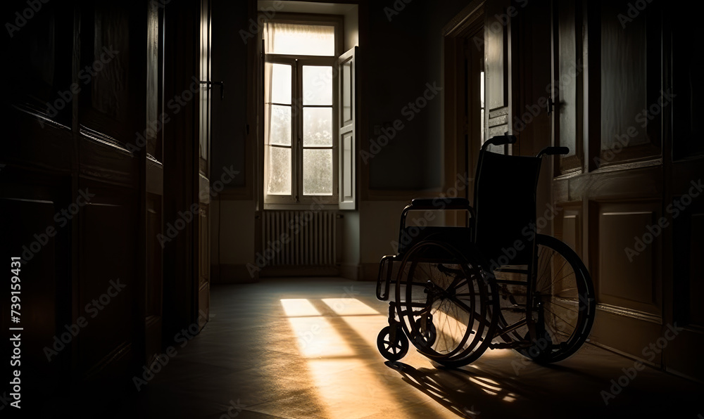 Empty wheelchair in the dark