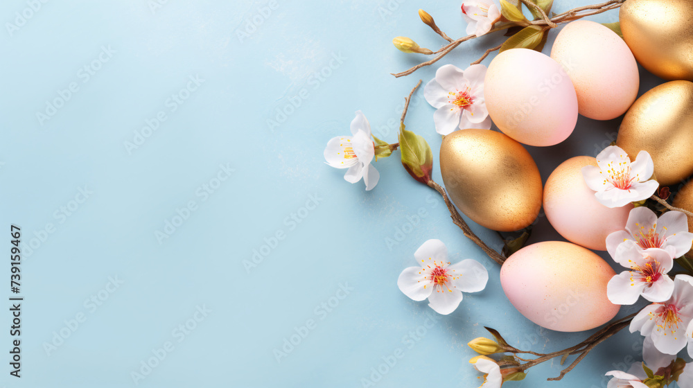 Easter background with golden and pink colored eggs and spring flowers, with copy space