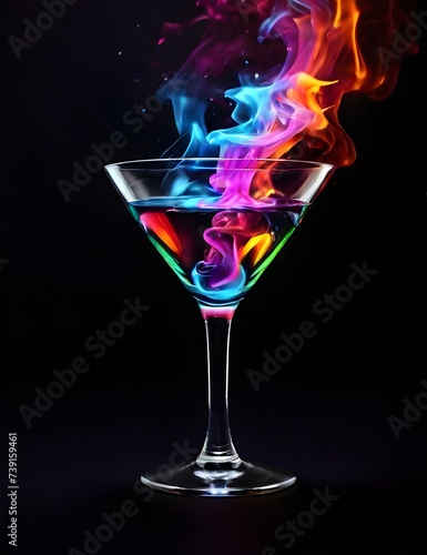 martini glass with colorful alcohol and smoke on black background, burning cocktail with neon glow, Generative AI