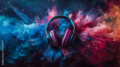 Surreal Audio Journey: Headphones Centered in Vibrant Colorful Explosion, Artistic Powder Smoke in Blue, Pink, Purple, Yellow, Red, Orange, Depicting Dynamic Movement and Energy, Symbolic Representati