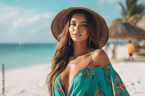 Stylish Brazilian Influencer, Exuding Confidence Against Serene Turquoise Backdrop, Beach-Perfect Attire, Isolated on Bright Background.