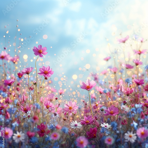 Magical meadow, full of blossoming spring flowers. Square frame for banner, instagram post, invitation or greeting card