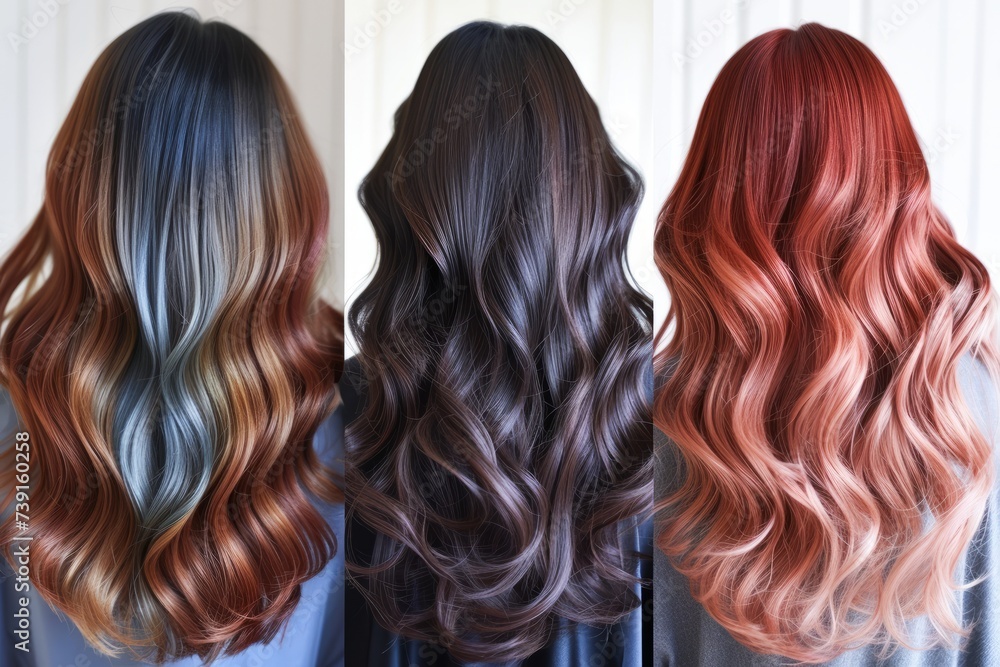 Three Women Displaying Various Hair Coloring Techniques in a Salon Setting Three Women Displaying Various Hair Coloring Techniques in a Salon Setting
