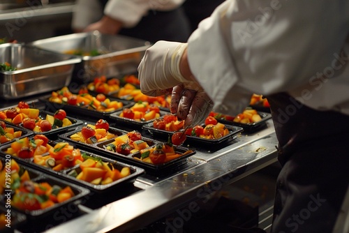 Caterer in a professional kitchen preparing individual servings of roasted vegetables, showcasing meticulous food service.
