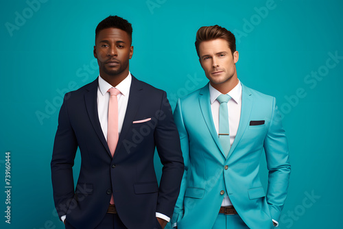 Two Stylish Models Radiate Confidence in Business Suits Against Serene Turquoise Background. © Akash