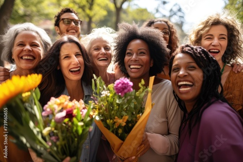 group of happy women of different nationalities with flowers. international Women's Day concept