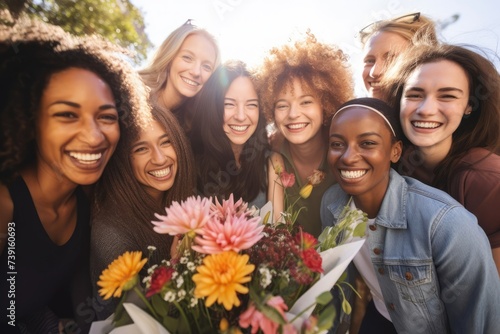 group of happy women of different nationalities with flowers. international Women's Day concept