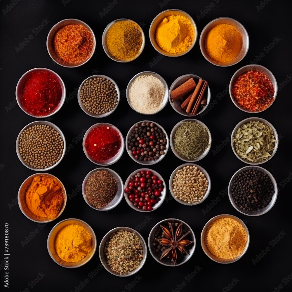 Various spices in bowls on black background Various spices in bowls on black background