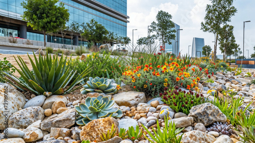Drought Tolerant Garden Landscape with Succulents, Arid Flowering Plants and Rocks Amidst Modern Construction Reflecting Eco-Friendly and Sustainable Approach to Gardening, Going Green in Urban Life