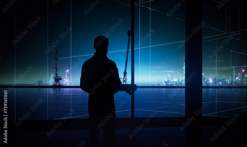 Silhouette of engineer is standing and looking at the city in night. Silhouette of engineer is standing and looking at the city in night.