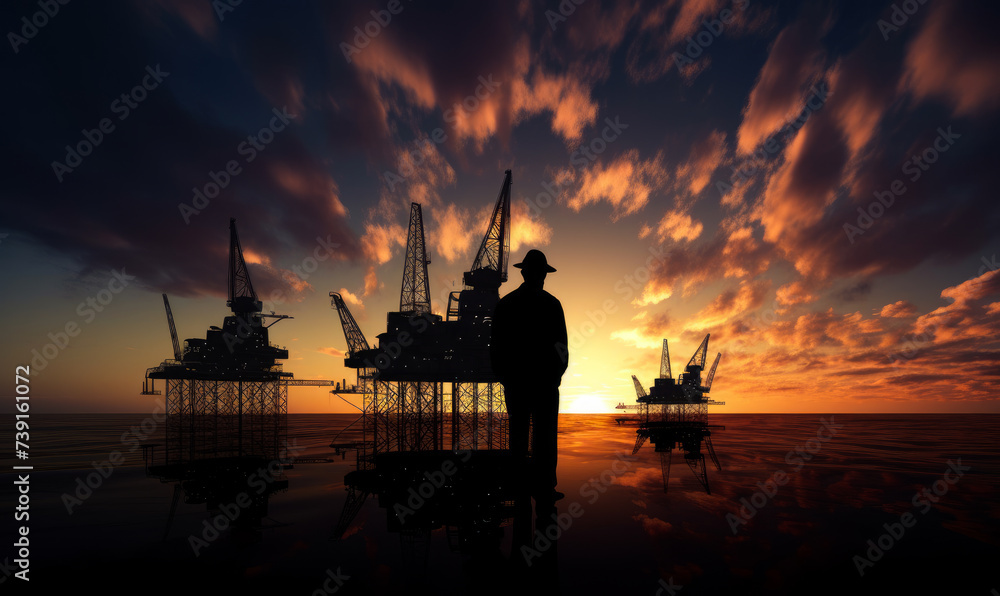 Silhouette of engineer standing on oil platform at sunset