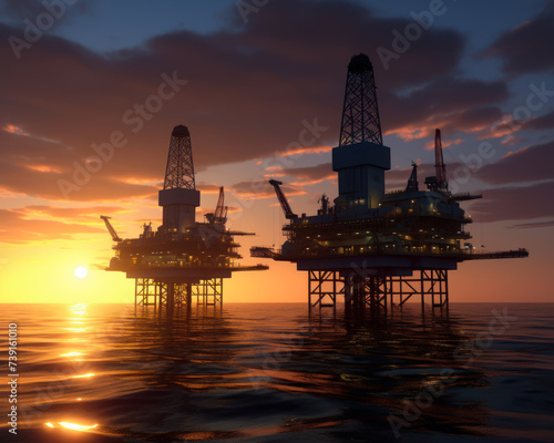Oil production in the sea at sunset © Vadim