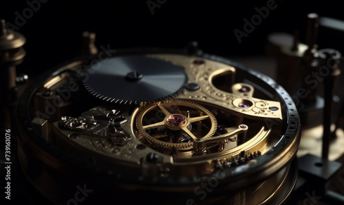 Mechanism clockwork of watch with jewels close-up. Vintage luxury background. Time work concept.