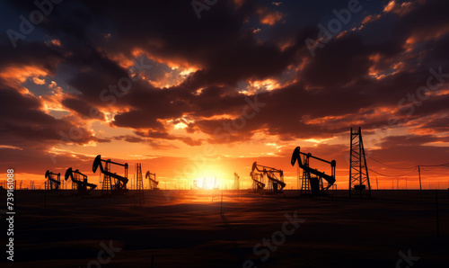 Oil pumps are running in the sunset at the oil field. The silhouette of the oil pump is close-up. 3D illustration.
