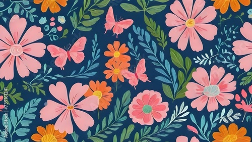  floral seamless pattern with different leaves and plants  butterfky seasonal colors on blue background 