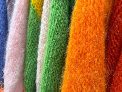 Wool mohair colorful warm clothes textile fabric close up. photo