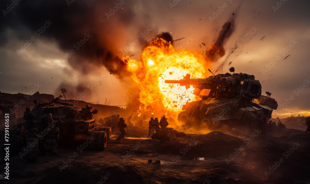 Military tanks attack the enemy. - obrazy, fototapety, plakaty 