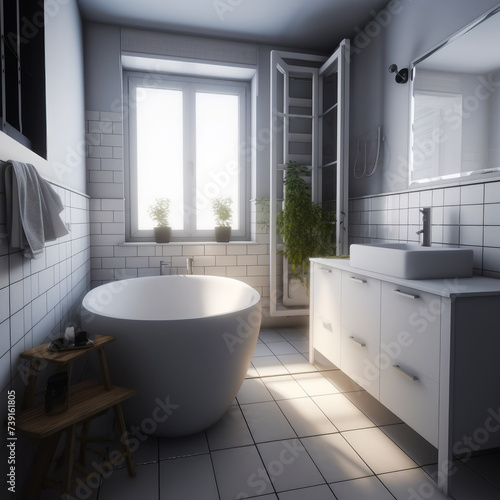 Modern white bathroom interior with freestanding boat-shaped bathtub wall-mounted sink and mirror over tiled wall 3d rendering