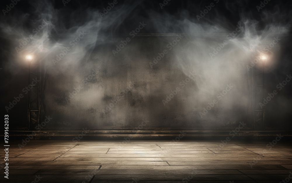 3d dark grunge display background with smoky atmosphere, Spotlights shining down into a grunge interior 3d dark grunge display background with smoky atmosphere, Spotlights shining down into a grunge interior