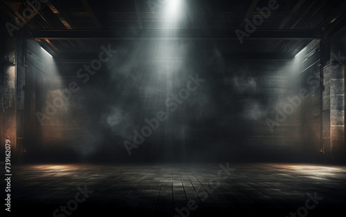 3d dark grunge display background with smoky atmosphere, Spotlights shining down into a grunge interior © MUS_GRAPHIC