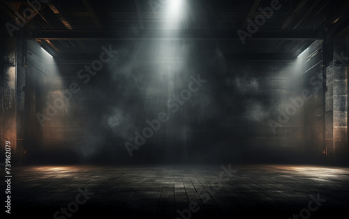 3d dark grunge display background with smoky atmosphere, Spotlights shining down into a grunge interior