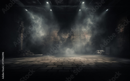 3d dark grunge display background with smoky atmosphere, Spotlights shining down into a grunge interior