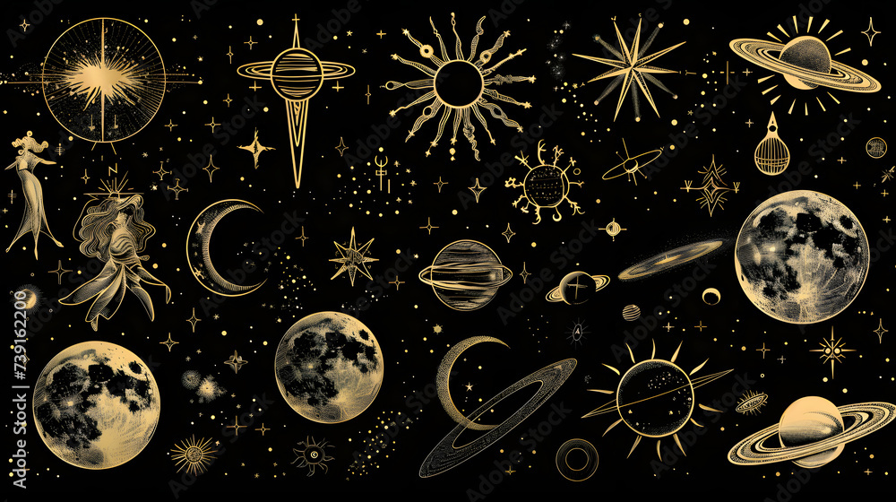宇宙の魅力、星と月、惑星のイラスト 宇宙の魅力、星と月、惑星のイラスト